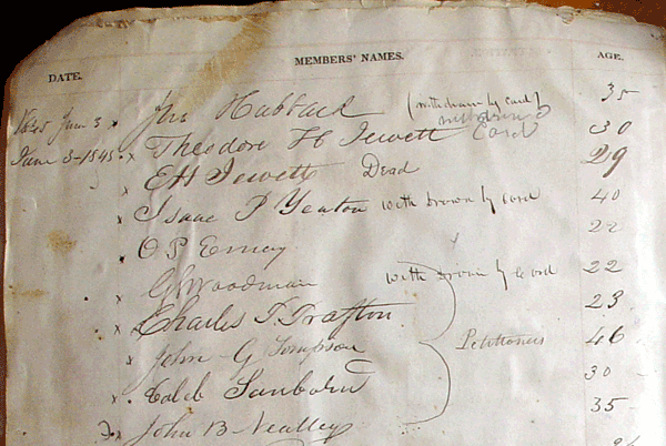 Member List from 1845.  Photo courtesy of the Olive Branch Lodge.